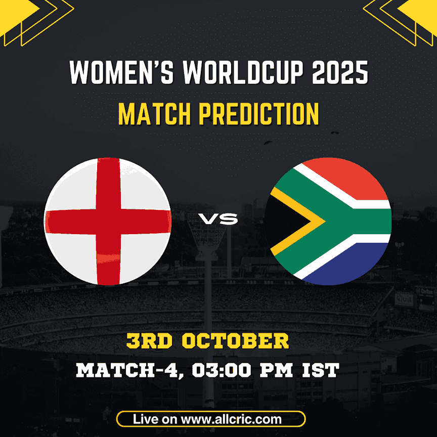 ENG-W vs SA-W Dream11 Prediction Today Match graphic showing match details for Women's World Cup 2025, Match 4 between England Women and South Africa Women, scheduled on 3rd October at 3:00 PM IST at ACA Stadium, Guwahati. Flags of England and South Africa displayed with match timing and streaming information.