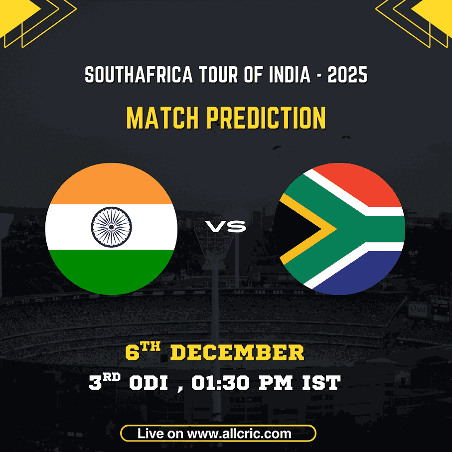 IND vs SA 3rd ODI Match Prediction graphic showing India vs South Africa for the South Africa Tour of India 2025 on 6th December at 1:30 PM IST, featuring national flags and stadium backdrop — ideal for ind vs sa dream11 prediction today match, ind vs sa today match prediction, ind vs sa ODI prediction, ind vs sa match prediction, and ind vs sa win probability insights