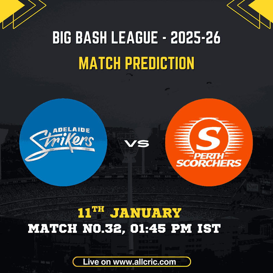 STR vs SCO Dream11 prediction today match poster showing Adelaide Strikers vs Perth Scorchers in BBL 2025–26 Match 32 at Adelaide Oval with match time and date details.