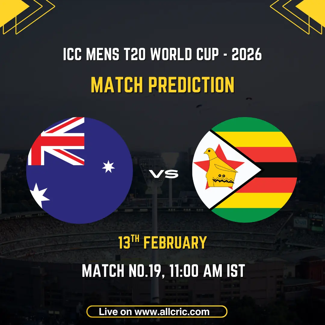 Australia vs Zimbabwe ICC Men's T20 World Cup 2026 Group B Match 19 prediction graphic featuring national flags, match details for February 13th 2026 at 11:00 AM IST at R Premadasa International Cricket Stadium Colombo, with Dream11 team analysis and today's match prediction