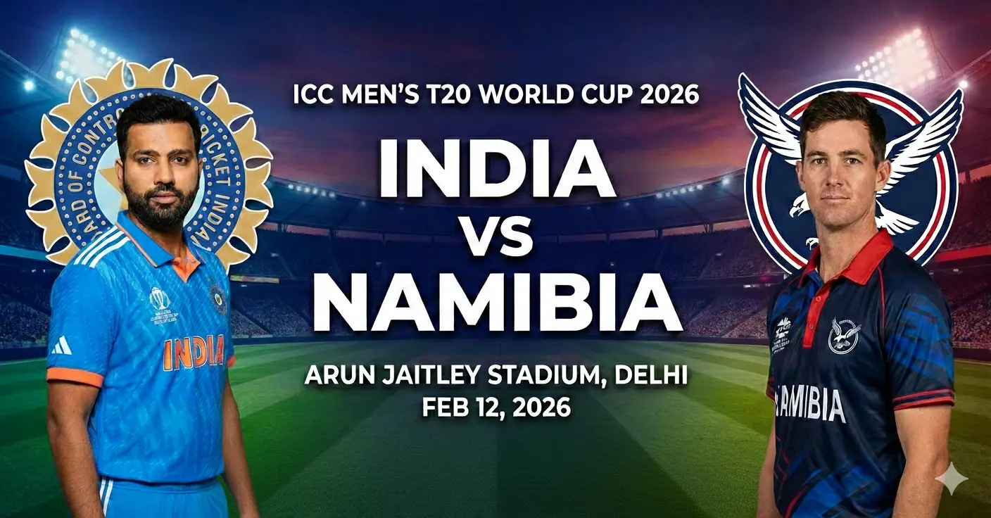 IND vs NAM Dream11 prediction for ICC Men’s T20 World Cup 2026 match at Arun Jaitley Stadium, Delhi, featuring India vs Namibia players with match date and venue details.