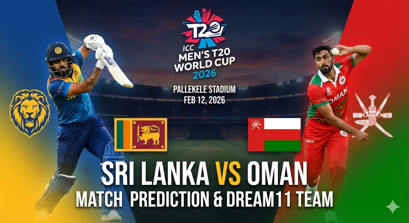 Sri Lanka vs Oman ICC Men's T20 World Cup 2026 Match 16 prediction graphic featuring national flags and cricket players in action, match details for February 12th 2026 at 11:00 AM IST at Pallekele International Cricket Stadium, with Dream11 team analysis and today's match prediction