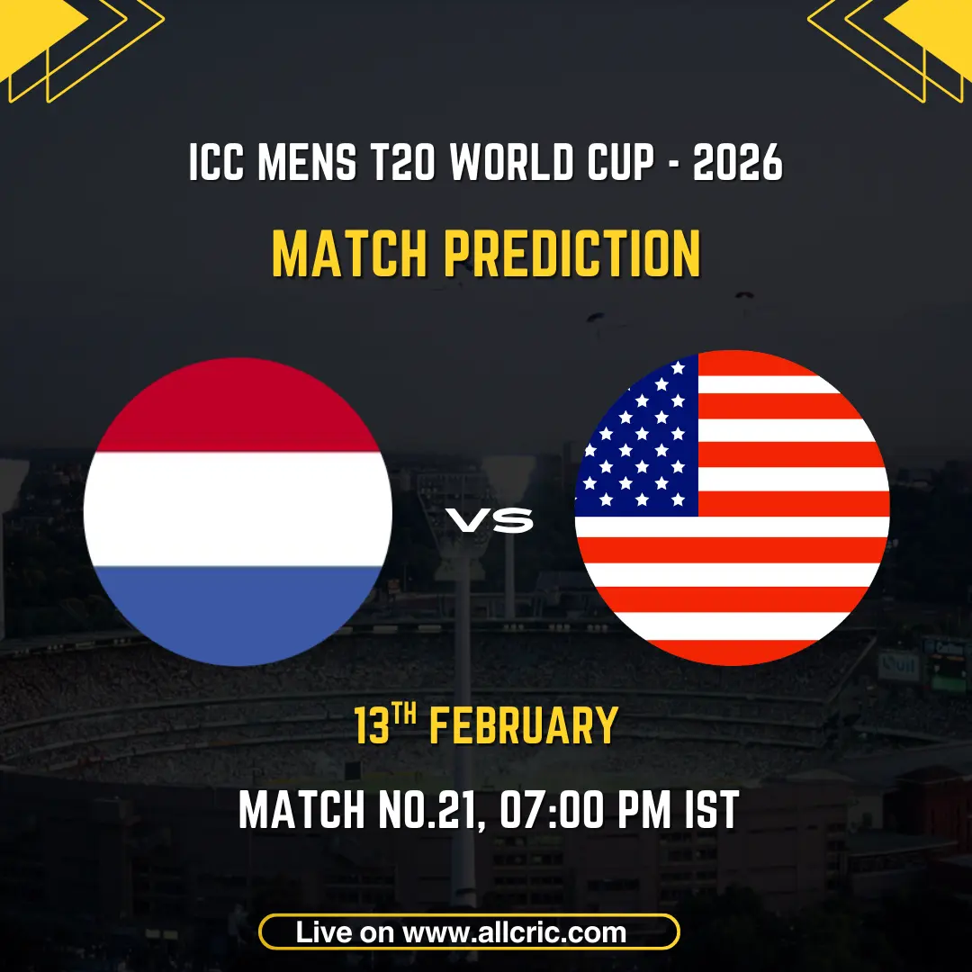 Netherlands vs United States of America ICC Men's T20 World Cup 2026 Match 21 Group A prediction graphic featuring national flags, match details for February 13th 2026 at 7:00 PM IST at M. A. Chidambaram Stadium Chennai, with Dream11 team analysis and today's match prediction