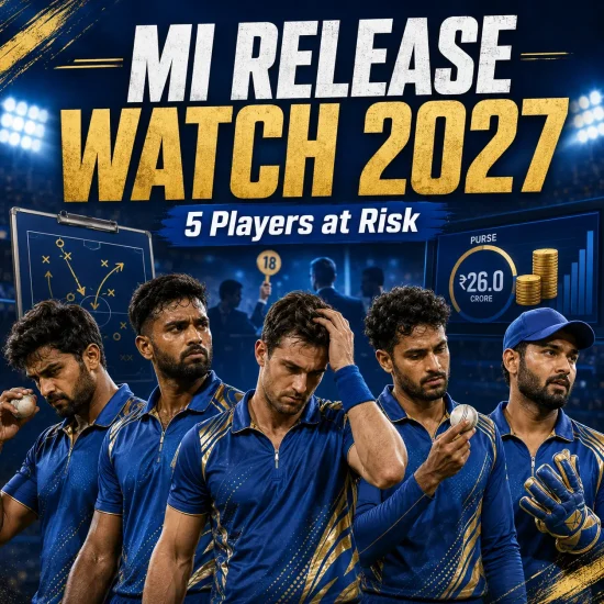 MI released players 2027 graphic featuring Deepak Chahar, Shardul Thakur, Corbin Bosch, Mitchell Santner, and Quinton de Kock as potential Mumbai Indians release candidates ahead of the IPL 2027 mini-auction.
