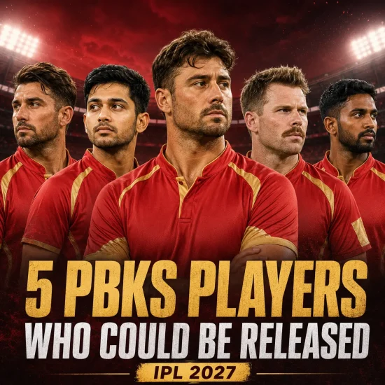 Punjab Kings players Marcus Stoinis, Nehal Wadhera, Lockie Ferguson, Ben Dwarshuis, and Vishnu Vinod featured as five PBKS players who could be released before IPL 2027 based on their IPL 2026 performances.