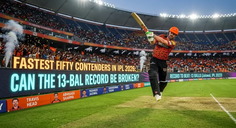 IPL 2026 fastest fifty record graphic at Rajiv Gandhi Stadium showing an SRH batter playing a powerful shot under floodlights amid confetti and smoke, with the perimeter board displaying "Fastest Fifty Contenders in IPL 2026: Can the 13-Ball Record Be Broken? Record to Beat: 13 Balls (Jaiswal, IPL 2023)" and five contender portraits — Travis Head, Abhishek Sharma, Yashasvi Jaiswal, Suryakumar Yadav, and Rinku Singh.