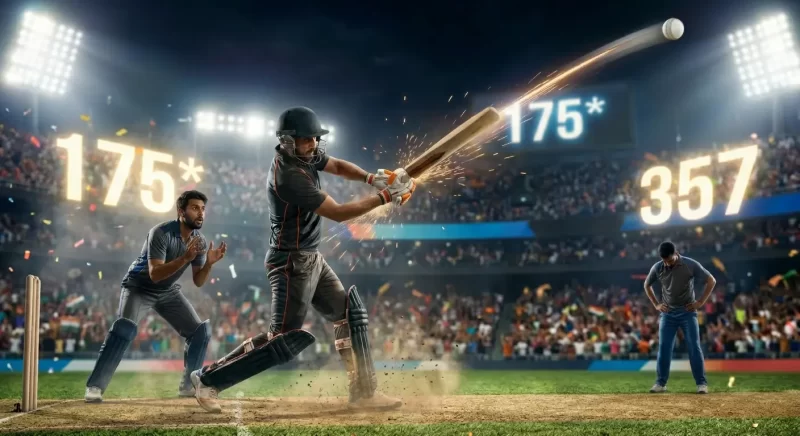 IPL record 175 runs batting scene Chris Gayle 175 highest score IPL record powerful six hitting stadium crowd illustration