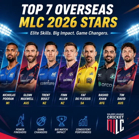 Top 7 Overseas MLC 2026 Stars graphic featuring Nicholas Pooran, Glenn Maxwell, Trent Boult, Finn Allen, Faf du Plessis, Rashid Khan, and Tim David highlighted as elite match-winners for Major League Cricket 2026.