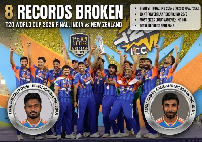 nfographic of 8 Records Broken in the T20 World Cup 2026 Final between India and New Zealand, featuring the Indian cricket team celebrating with the ICC trophy under golden confetti, with portraits of record-breakers Sanju Samson (89 — record highest individual final score) and Jasprit Bumrah (4/15 — record best bowling figures in a final), highlighting key records including India's highest final total of 255/5, joint powerplay record of 92/0, most tournament sixes (106), and India becoming the first team to win 3 T20 World Cup titles with a back-to-back defense.