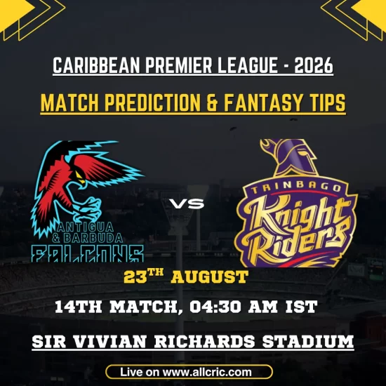 Antigua and Barbuda Falcons vs Trinbago Knight Riders Match 14 CPL 2026 prediction and fantasy tips graphic featuring both team logos at Sir Vivian Richards Stadium.