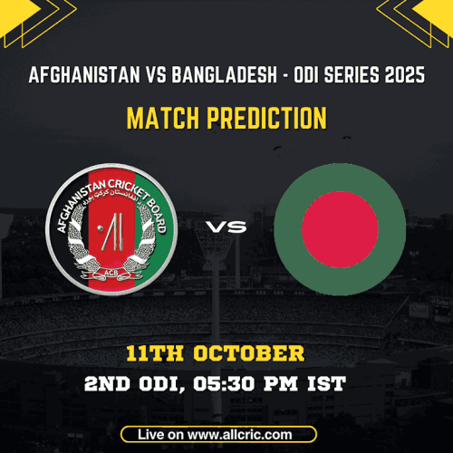 AFG vs BAN Win Prediction & Fantasy Team – 2nd ODI 2025 AFG vs BAN 2nd ODI 2025 Match Prediction graphic showing Afghanistan and Bangladesh team logos with match details — 11th October, 05:30 PM IST. Image represents AFG vs BAN win prediction, team prediction, and match preview for the ODI series 2025 at Abu Dhabi.