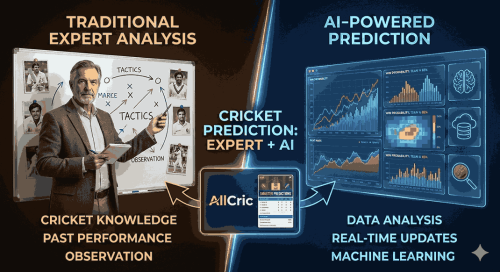 Visual comparison of traditional expert analysis and AI in cricket prediction, showing cricket match prediction enhanced by machine learning, real-time data analysis, and win probability cricket insights.