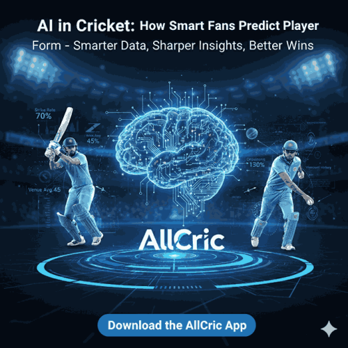 AI in Cricket How Smart Fans Predict Player Form AI in cricket analysis showing smart fans predicting player form using data and insights — featuring cricket players, digital brain graphic, and AllCric app promoting smarter match predictions.