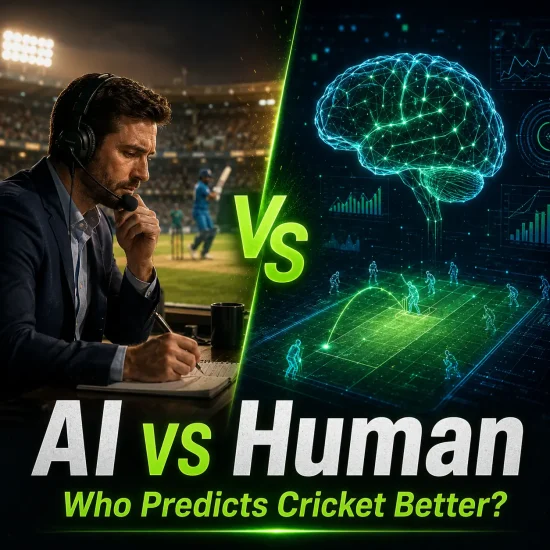 AI vs Human cricket prediction comparison graphic showing a cricket analyst opposite an AI neural network dashboard, illustrating how the best cricket prediction AI and cricket predictions with AI use machine learning and data analytics to outperform traditional expert analysis.