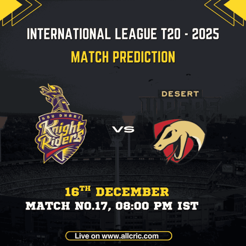 ADKR vs DV Dream11 Prediction | ILT20 2025 Match 17 Today Abu Dhabi KnightRiders vs Desert Vipers match prediction graphic for ILT20 2025 Match 17 at Sheikh Zayed Stadium, featuring ADKR vs DV today match prediction, team news, fantasy picks, and ADKR vs DV team prediction.