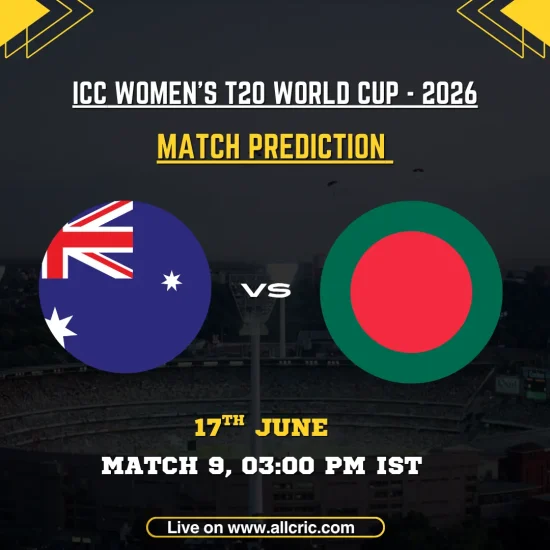 AUS-W vs BAN-W today match prediction graphic for ICC Women’s T20 World Cup 2026 Match 9 at Headingley, Leeds. Features Australia Women and Bangladesh Women flags, match date and time, with expert AUS-W vs BAN-W match prediction, key player insights including Georgia Voll, Beth Mooney, Nigar Sultana, and Marufa Akter, plus AUS-W vs BAN-W win prediction analysis.