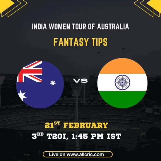 Australia Women vs India Women 3rd T20I fantasy tips graphic featuring national flags, match details for February 21st 2026 at 1:45 PM IST at Adelaide Oval, with Dream11 team suggestions and fantasy cricket tips for India Women tour of Australia series decider