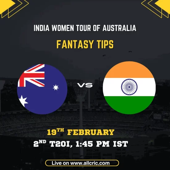 Australia Women vs India Women 2nd T20I fantasy tips graphic featuring national flags, match details for February 19th 2026 at 1:45 PM IST at Manuka Oval Canberra, with Dream11 team suggestions and fantasy cricket tips for India Women tour of Australia