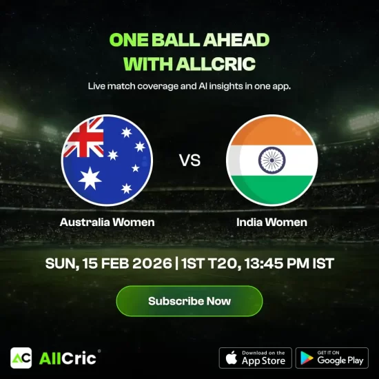 Australia Women vs India Women 1st T20I match prediction graphic featuring national flags and AllCric branding, match details for February 15th 2026 at 1:45 PM IST at Sydney Cricket Ground, with live match coverage and AI insights promotion