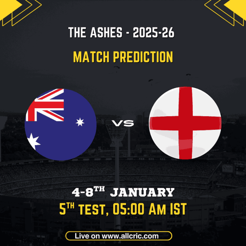 Australia vs England today match prediction graphic for the 5th Test of The Ashes 2025–26 at Sydney Cricket Ground, showing Aus vs Eng Test prediction, match date 4–8 January, start time 5:00 AM IST, and Aus vs Eng Dream11 prediction focus.