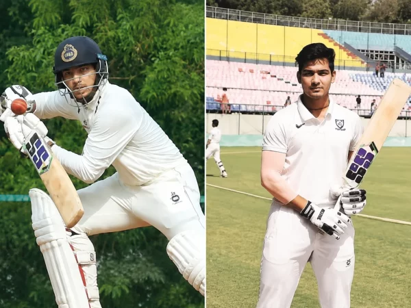 Anuj Rawat batting in white-ball protective gear and posing with a cricket bat, representing his Delhi domestic and Ranji Trophy career.