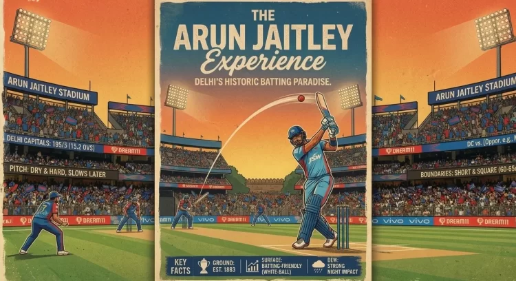 Illustrated infographic of "The Arun Jaitley Experience – Delhi's Historic Batting Paradise," featuring a cricket batter in a Delhi Capitals jersey playing a shot at sunset inside a packed Arun Jaitley Stadium, with key facts highlighting the ground's establishment in 1883, batting-friendly white-ball surface, short square boundaries of 60–65 metres, dry and hard pitch that slows later, and strong dew impact during night matches.