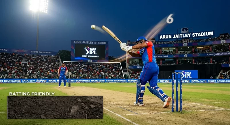 Arun Jaitley Stadium IPL pitch report showing batting-friendly surface with short boundaries and a batsman hitting a six during a Delhi Capitals match