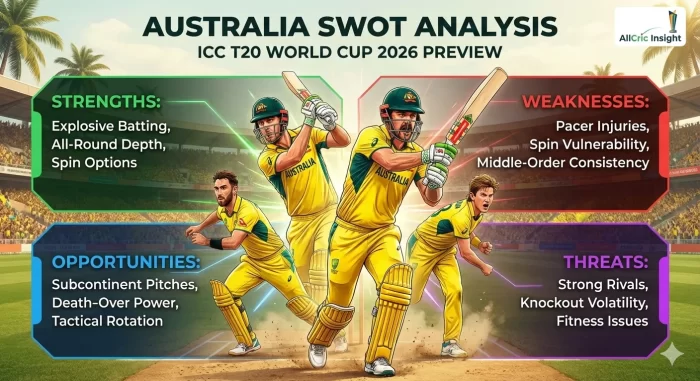 Australia cricket team ICC T20 World Cup 2026 SWOT analysis preview graphic showing players in yellow jerseys batting and bowling, with comprehensive breakdown of strengths, weaknesses, opportunities, and threats, match predictions, and fantasy cricket insights