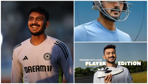 Indian all-rounder in training gear and promotional images featuring a player-edition sports shoe, highlighting his brand endorsements.