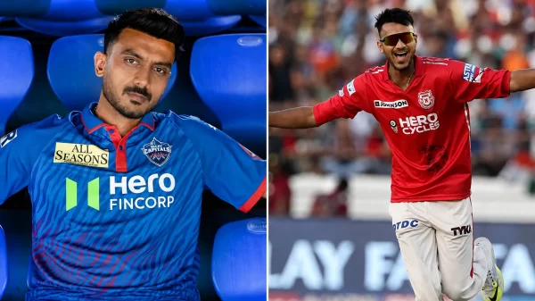Indian all-rounder pictured in Delhi Capitals and Punjab Kings IPL kits, representing his IPL career and salary growth.