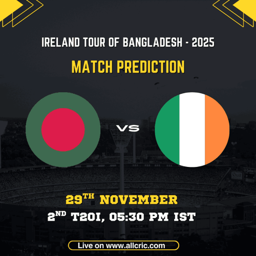 Bangladesh vs Ireland 2nd T20I 2025 match prediction graphic featuring Bangladesh and Ireland flags, match date 29th November, time 5:30 PM IST, and promotional details for Ban vs Ire today match prediction and Dream11 tips