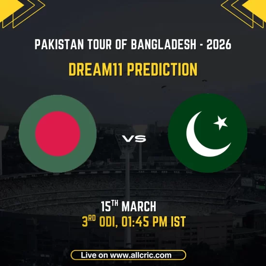 Bangladesh vs Pakistan 3rd ODI Dream11 prediction graphic featuring national flags, match details for March 15th 2026 at 1:45 PM IST at Shere Bangla National Stadium Mirpur, with Dream11 team suggestions and fantasy cricket tips for Pakistan tour of Bangladesh 2026 series decider