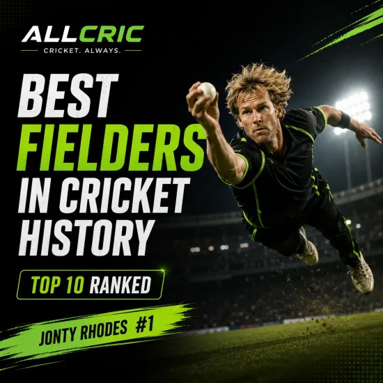 Top 10 best fielders in cricket history ranked, featuring Jonty Rhodes at No.1. The image showcases an athletic cricket fielder diving to complete a spectacular catch, highlighting legendary fielding skills, reflexes, run-outs, catching ability, and game-changing moments that transformed cricket fielding standards.