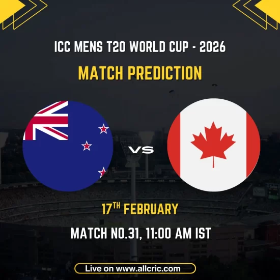 New Zealand vs Canada ICC Men's T20 World Cup 2026 Group D Match 31 prediction graphic featuring national flags, match details for February 17th 2026 at 11:00 AM IST at M.A. Chidambaram Stadium Chennai, with Dream11 team analysis and today's match prediction