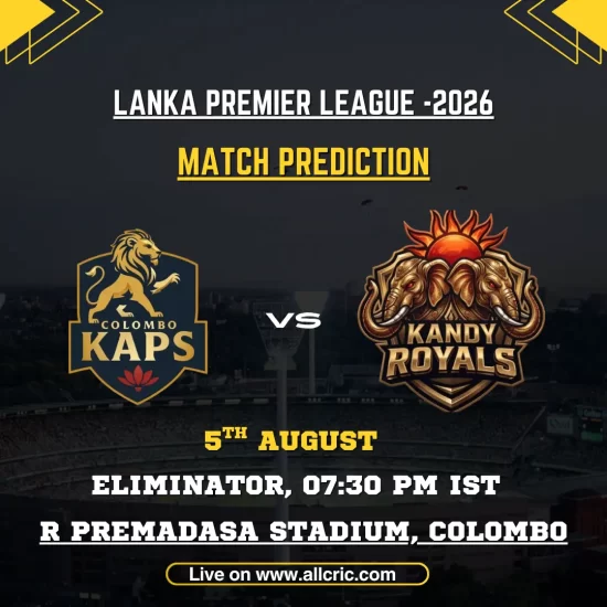 CK vs KR today match prediction graphic for Colombo Kaps vs Kandy Royals in the LPL 2026 Eliminator at R. Premadasa Stadium, Colombo.