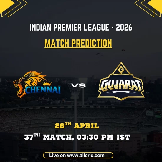 CSK vs GT today match prediction IPL 2026 graphic showing Chennai Super Kings vs Gujarat Titans with match prediction, win prediction, and April 26 match details