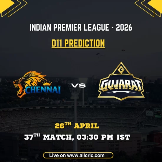 CSK vs GT Dream11 prediction today match IPL 2026 graphic showing Chennai Super Kings vs Gujarat Titans with Dream11 team prediction, fantasy tips, and April 26 match details