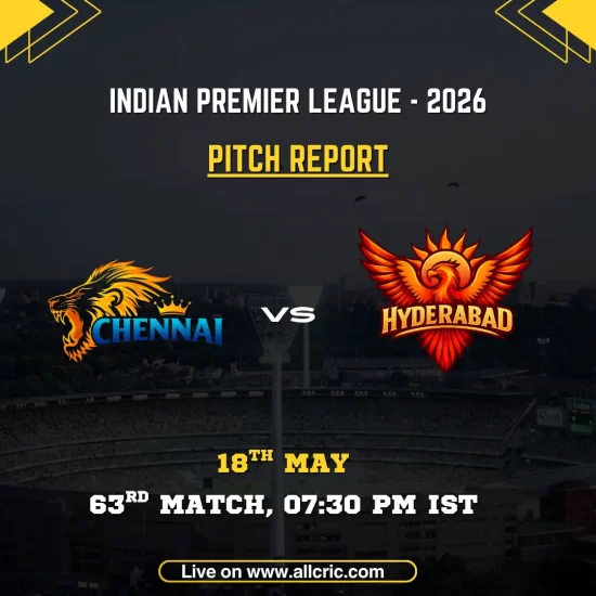 CSK vs SRH pitch report today IPL 2026 poster featuring Chennai Super Kings vs Sunrisers Hyderabad, 63rd match at MA Chidambaram Stadium on May 18 at 7:30 PM IST.