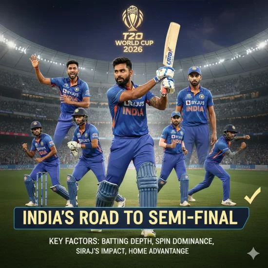India cricket team T20 World Cup 2026 semi-final qualification analysis graphic showing players in blue jerseys celebrating at stadium with ICC trophy logo, featuring comprehensive breakdown of batting depth, bowling strength, home advantage, and pathway to semi-finals with key factors highlighted