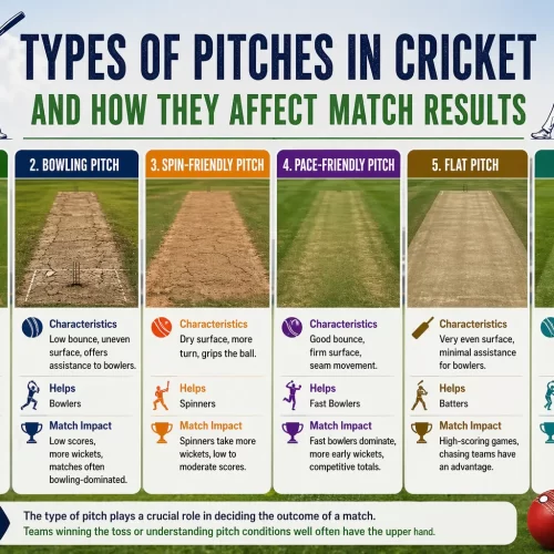 Types of pitches in cricket and how they affect match results including batting pitch, bowling pitch, spin friendly, pace friendly and green pitch infographic