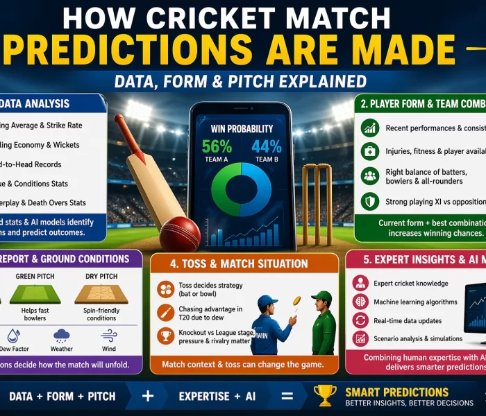 “How cricket match predictions are made using data analysis, player form, pitch report, toss impact, and AI insights infographic”
