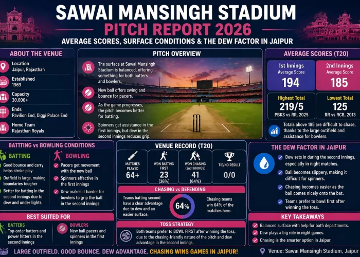 Infographic showing Sawai Mansingh Stadium pitch report 2026 with average scores, surface conditions, batting vs bowling analysis, and dew factor in Jaipur