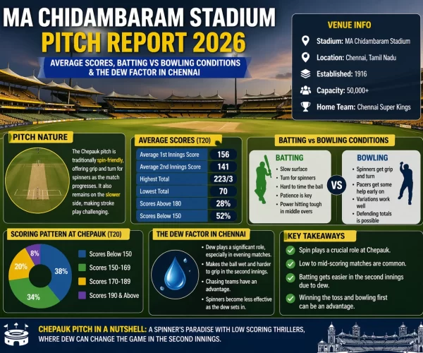 MA Chidambaram Stadium pitch report 2026 with average scores and dew factor