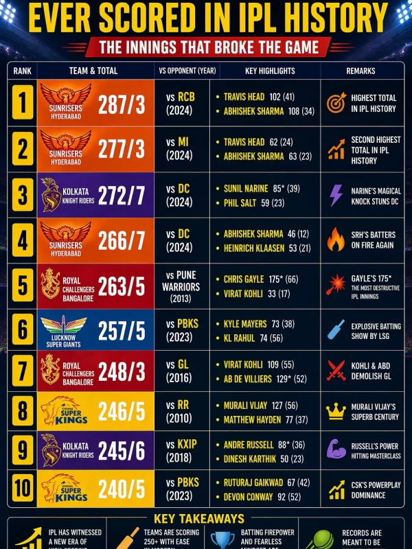 Top 10 highest team totals ever scored in IPL history infographic showing record-breaking innings, team scores, key highlights and rankings
