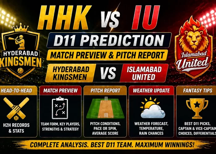 HHK vs IU Dream11 prediction match preview pitch report Hyderabad Kingsmen vs Islamabad United fantasy tips banner”