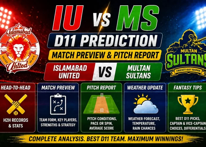 “IU vs MS Dream11 prediction match preview pitch report Islamabad United vs Multan Sultans fantasy tips banner”