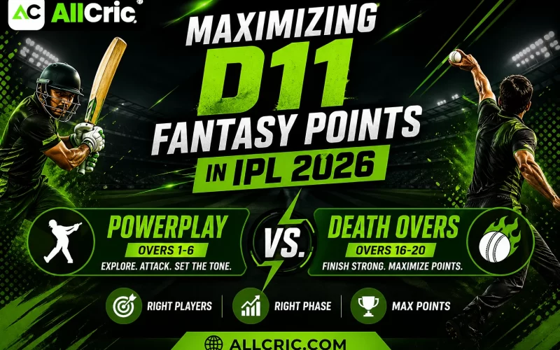 Maximizing D11 fantasy points IPL 2026 powerplay vs death overs strategy infographic in AllCric green black theme