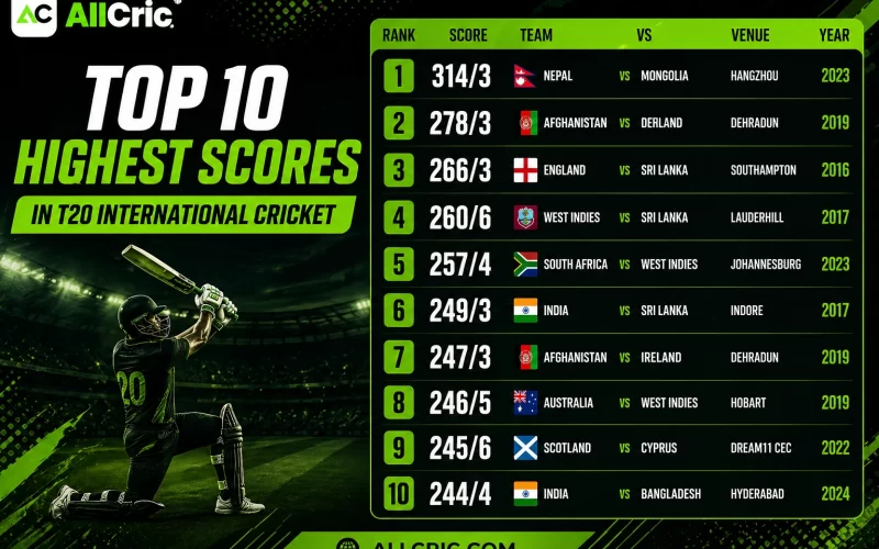 Top 10 highest scores in T20 international cricket infographic with team rankings and records in AllCric green black theme