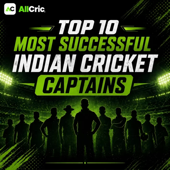 Top 10 most successful Indian cricket captains heading poster in AllCric green black theme