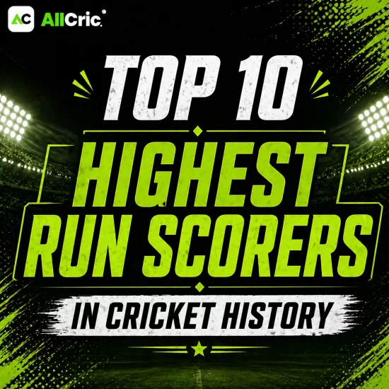 Top 10 highest run scorers in cricket history heading poster in AllCric green black theme